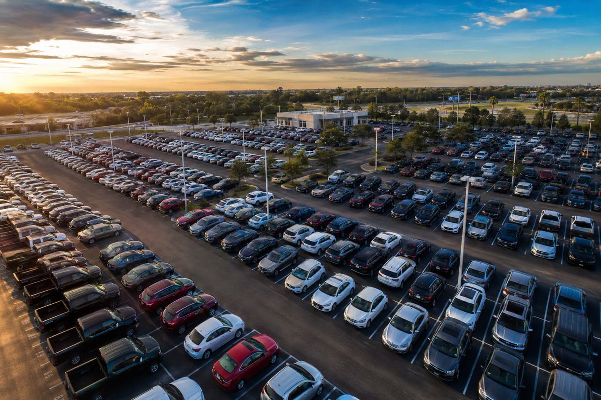 Aerial view of dealership lot at sunset